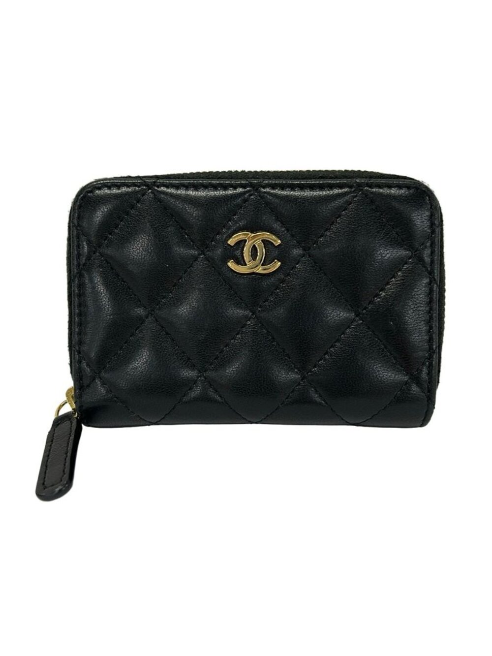 Chanel Coin Purse Quilted Black Zip Around Gold Lambskin